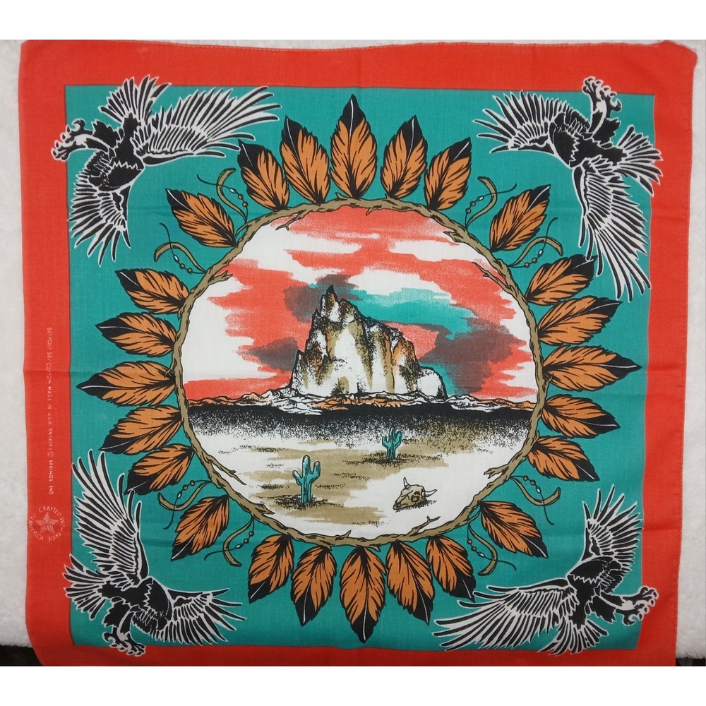 Vintage 80s Southwest Bandana Desert Rock Eagles Feathers Cacti Red Teal USA